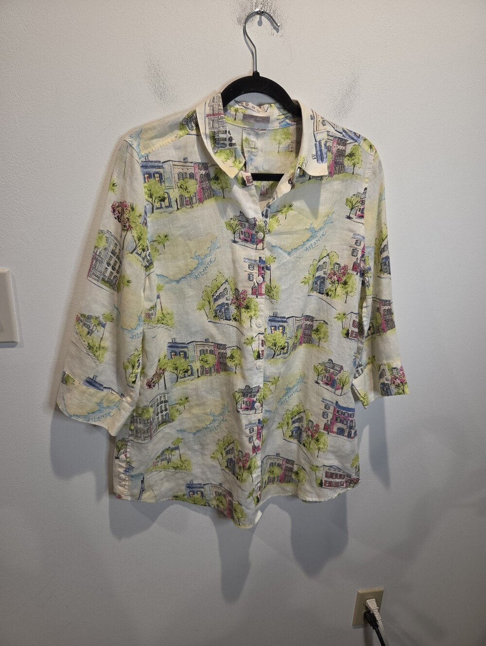 Chicos Size 3 Us Size 16/18 100% Linen Coastal Town Print